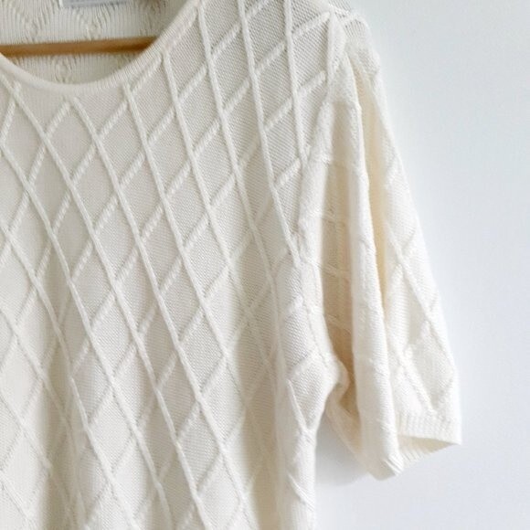 Liz Claiborne Collection Cream Argyle Knit Pattern Short Sleeve Sweater Large - Picture 4 of 9